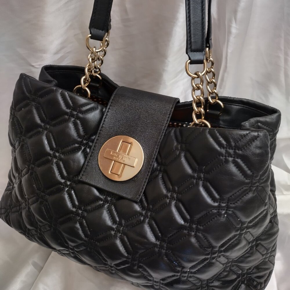 * KATE SPADE, Leather, Black Gold Chain LARGE Handbag Quilted
